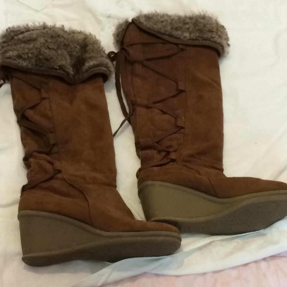 Suede over the knee wedge heeled boots